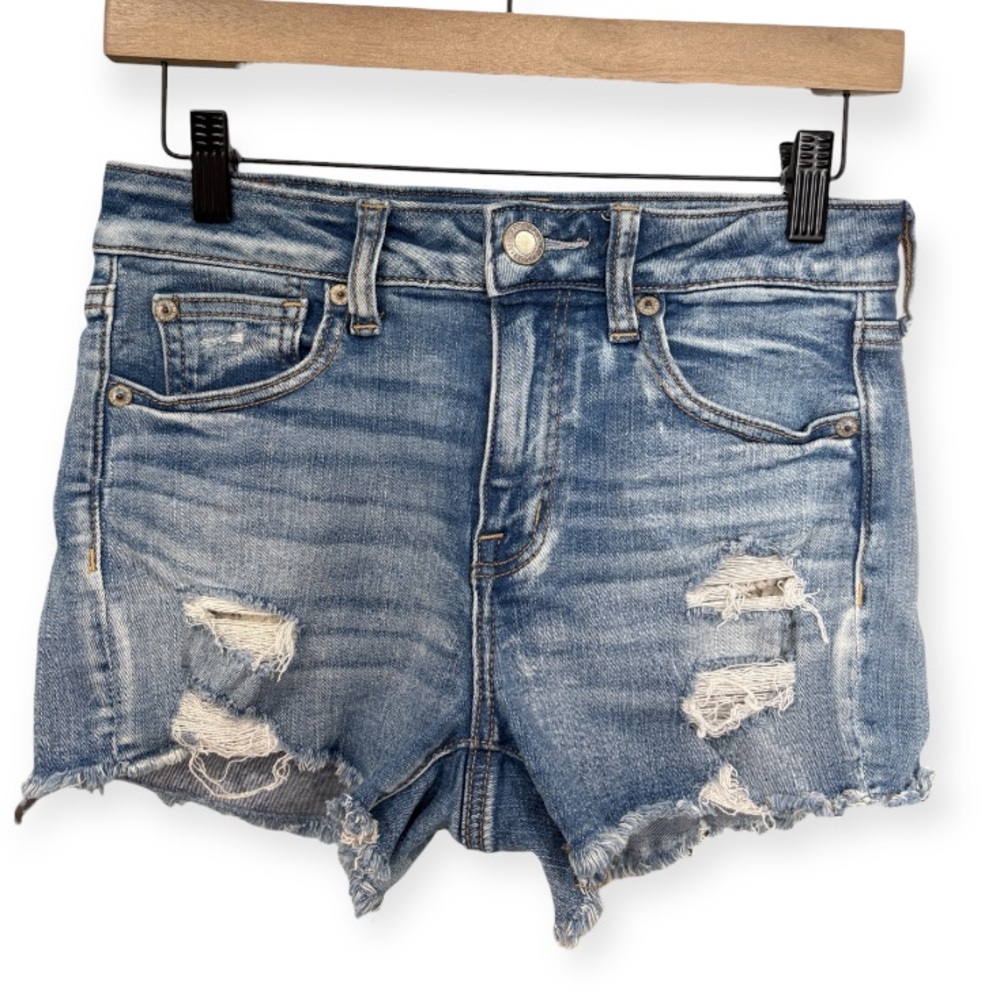 American Eagle Hi-Rise Shortie Distressed Crochet Pocket Shorts Blue Size 4